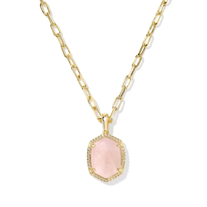 Kendra Scott Daphne Pave Frame Short Pendant Necklace – Rose Quartz