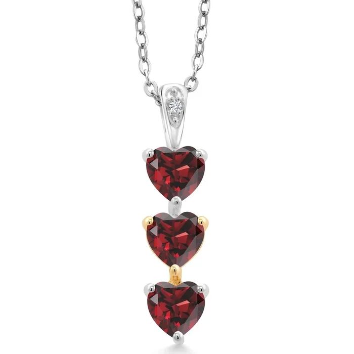 Keren Hanan 925 Sterling Silver and 10K Yellow Gold Heart Shape Red Garnet 3 Stone Pendant Necklace For Women (1.81 Cttw, Gemstone Birthstone, with 18 Inch Chain)