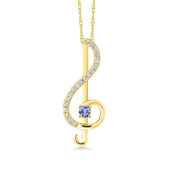 Keren Hanan Inspired by Music 10K Yellow Gold Lab Grown Diamond Treble Clef Pendant Necklace for Women with Chain Set with Blue Tanzanite (0.30 cttw)