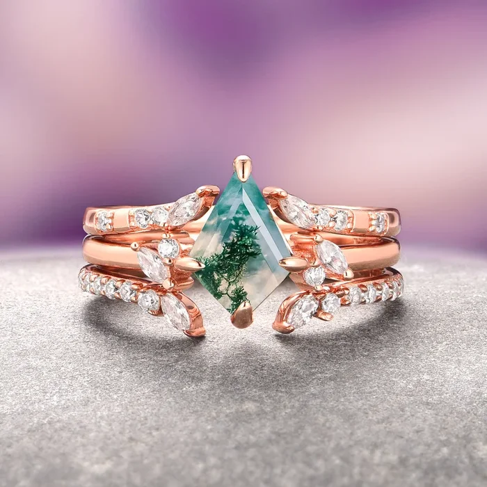 Kite Green Moss Agate 3-Piece Bridal Ring Set- 14K Solid Rose Gold
