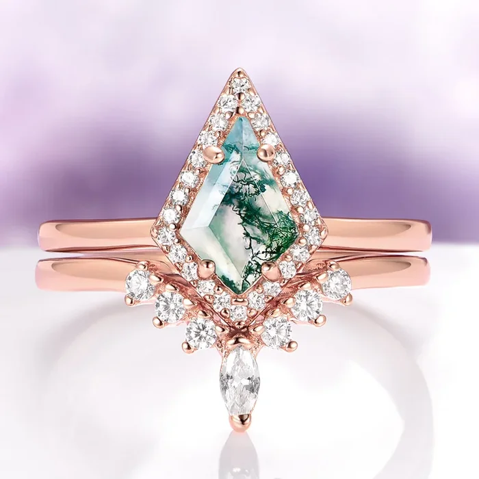 Kite Green Moss Agate Ring Set in 14K Rose Gold Vermeil