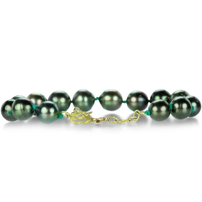 Knotted Green Cord Tahitian Pearl Bracelet
