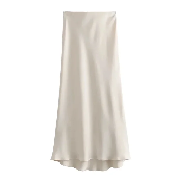 Ladies Solid Color Satin Midi Skirt – Ivory