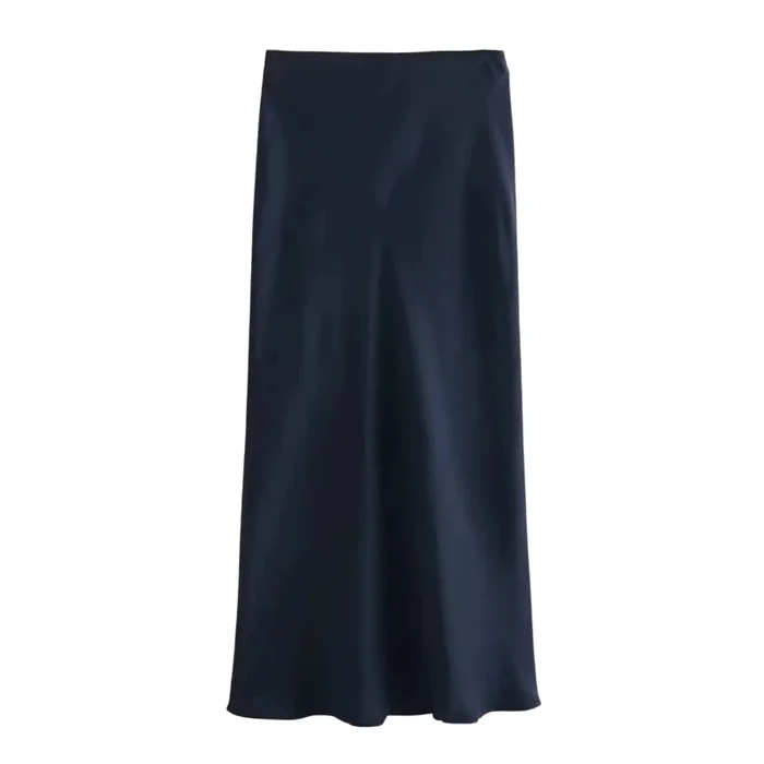 Ladies Solid Color Satin Midi Skirt – Navy Blue