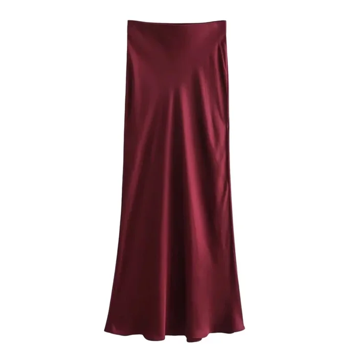 Ladies Solid Color Satin Midi Skirt – Wine