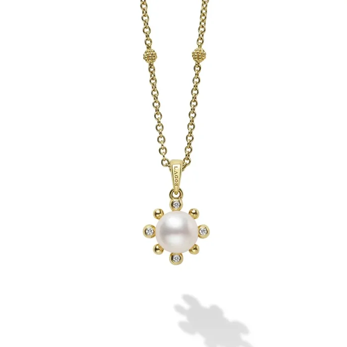 Lagos Luna 18k Gold Fleur Pearl Diamond Pendant Necklace