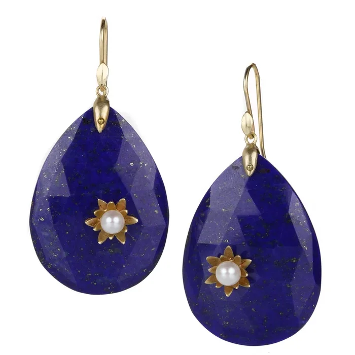 Lapis Water Lily with Pearl Earrings
