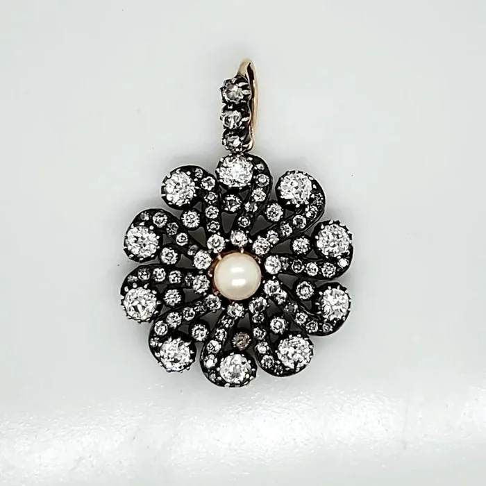 Late Georgian Early Victorian Antique Silver on 14kt Gold Diamond and Pearl Brooch/Pendant