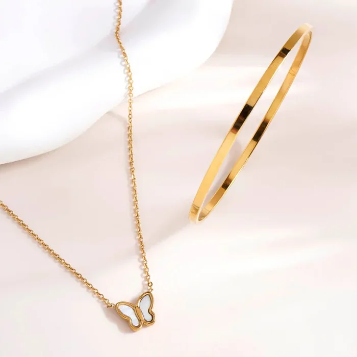 Little Butterfly Necklace & Flat Wire Bangle Bracelet Combo Set