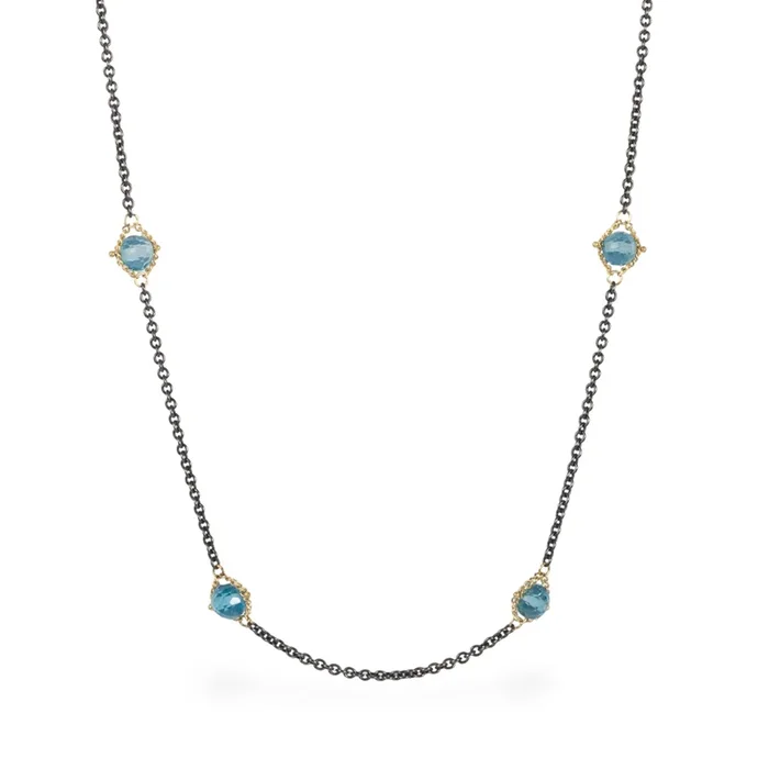 London Blue Topaz Textile Necklace in Oxidized Silver and 18k Gold