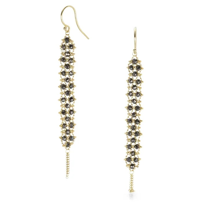 Long Black Diamond Textile Gold Earrings