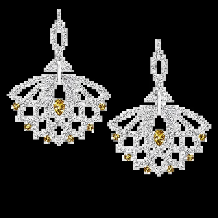 Lotus Bloom Yellow Sapphire and Diamond Drop Earrings | In 18K White Gold