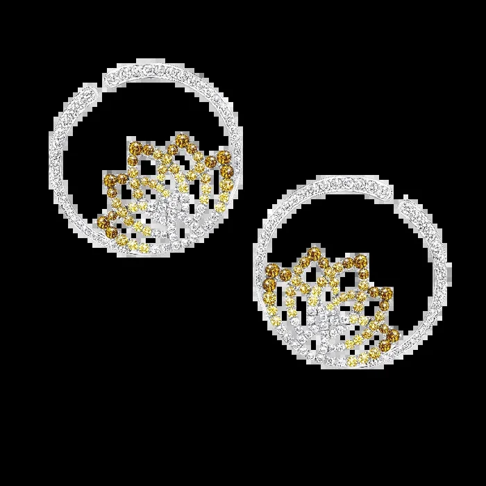 Lotus Flower Yellow Sapphire and Diamond Hoop Earrings | In 18K White Gold