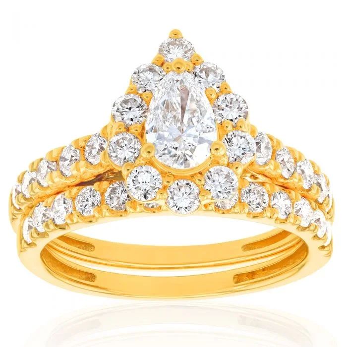 Luminesce Lab Grown Diamond 1.5Ct Bridal Set Pear Centre Halo in 14ct Yellow Gold