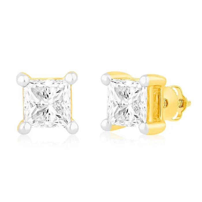 Luminesce Lab Grown Princess Cut 1 Carat Diamond Stud Earrings in 14ct Yellow Gold