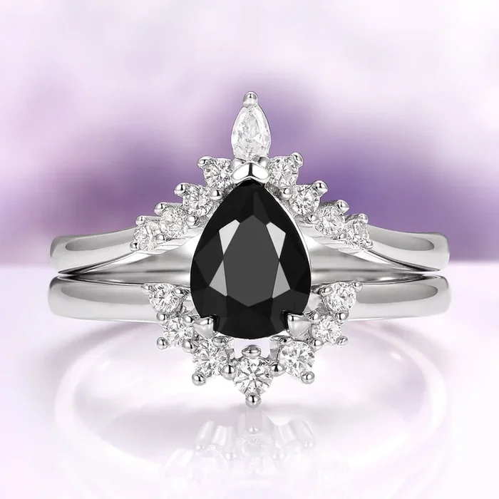Lunette Black Onyx Engagement Ring Set in 14K White Gold