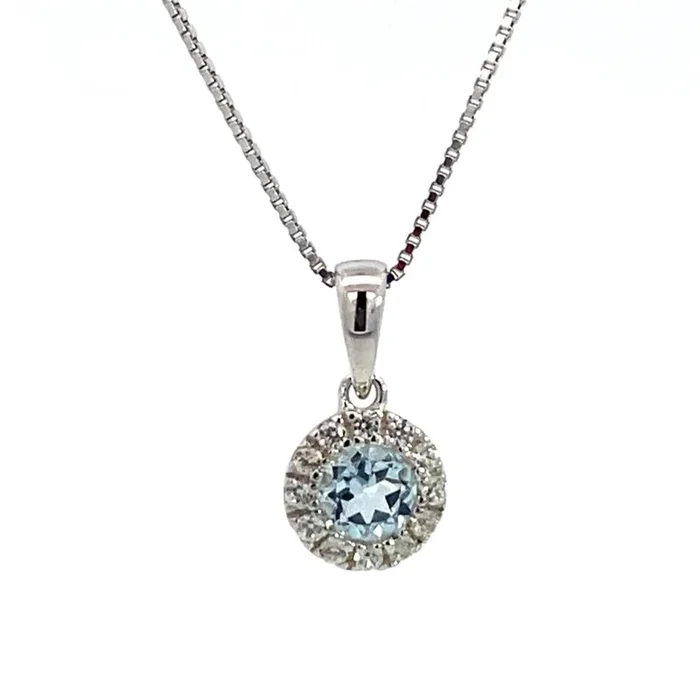 March Birthstone Pendant: Sterling Silver Sky Topaz Halo Pendant Necklace
