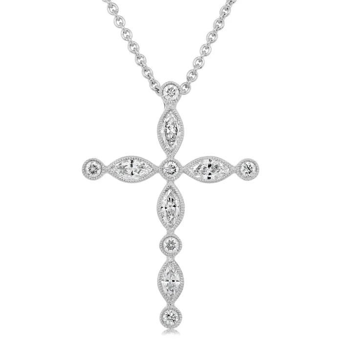Marquise & Round Diamond Cross Pendant Necklace
