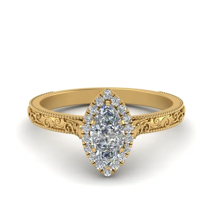 Marquise Cut Milgrain Vintage Diamond Ring With Halo