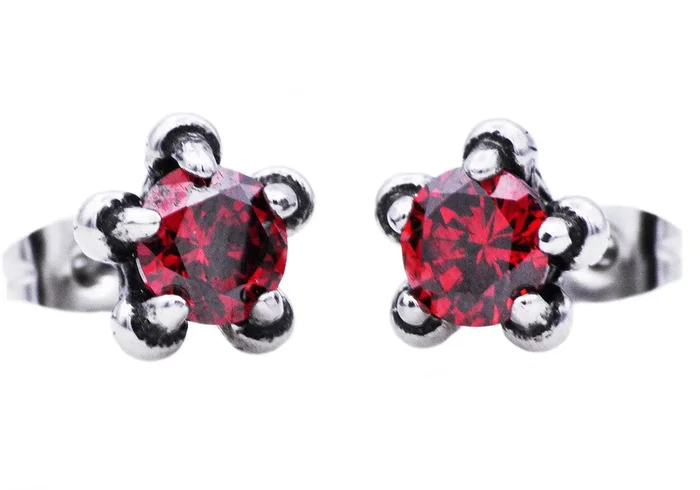 Men’s 10mm Stainless Steel Claw Earrings With Red Cubic Zirconia
