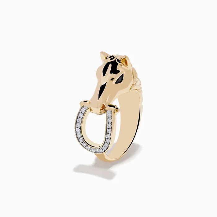 Men’s 14K Yellow Gold Black and White Diamond Horse Ring