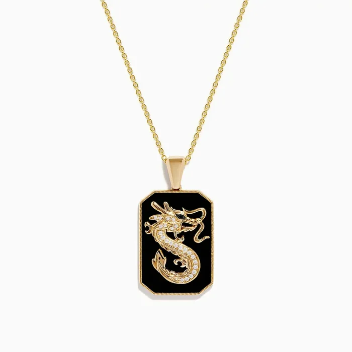 Men’s 14K Yellow Gold White and Black Diamond Agate Dragon Dog Tag Pendant