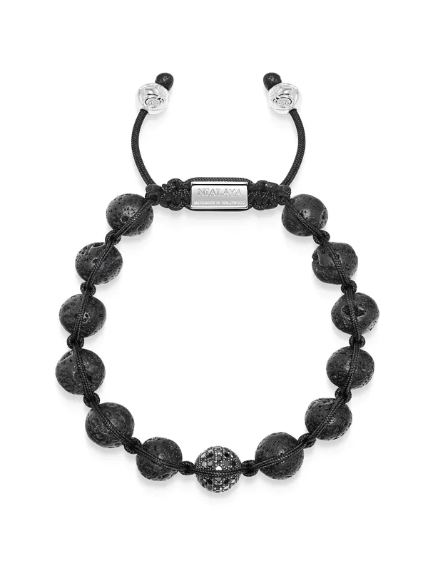 Men’s Black Diamond Beaded Bracelet with Lava Stone and Sterling Silver