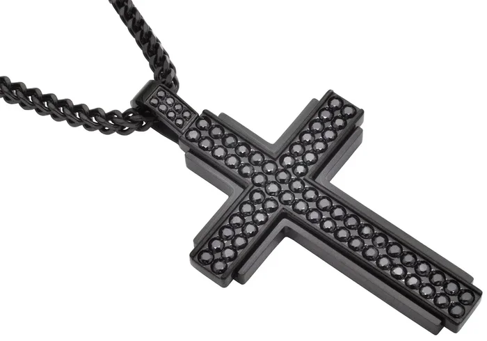 Men’s Black Plated Stainless Steel Cross Pendant Necklace With Cubic Zirconia With 24″ Franco Chain