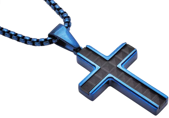 Men’s Blue & Black Stainless Steel Cross Pendant With 24″ Round Box Chain