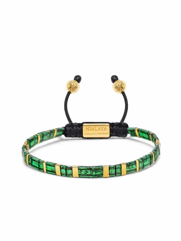 Men’s Bracelet with Marbled Green and Gold Miyuki Tila Beads