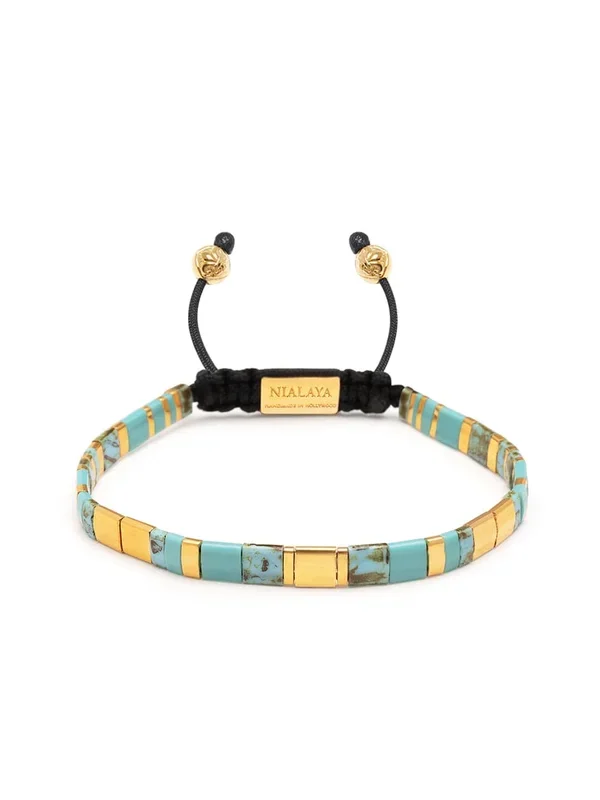 Men’s Bracelet with Marbled Turquoise and Gold Miyuki Tila Beads