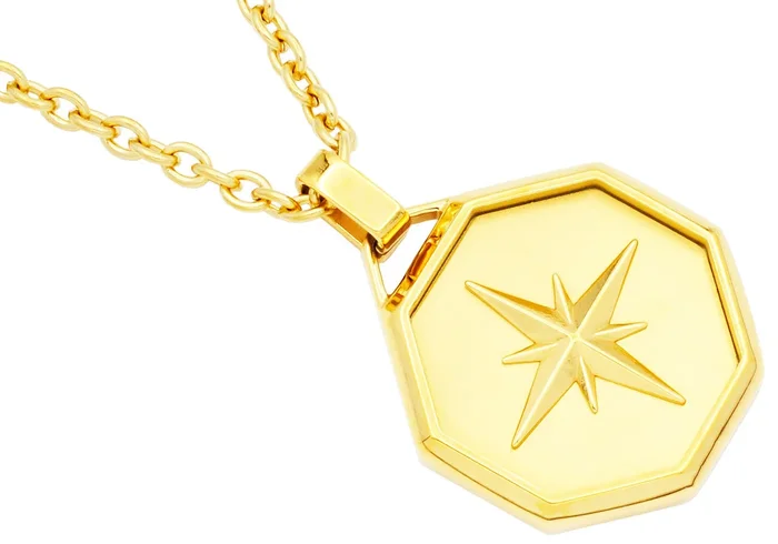 Men’s Gold Stainless Steel Compass Pendant With 24″ Anchor Chain