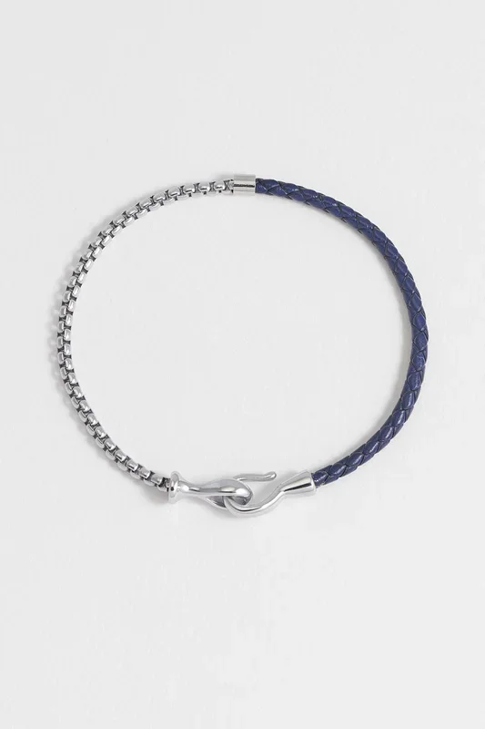 Men’s Navy Blue Leather and Chain Hook Bracelet