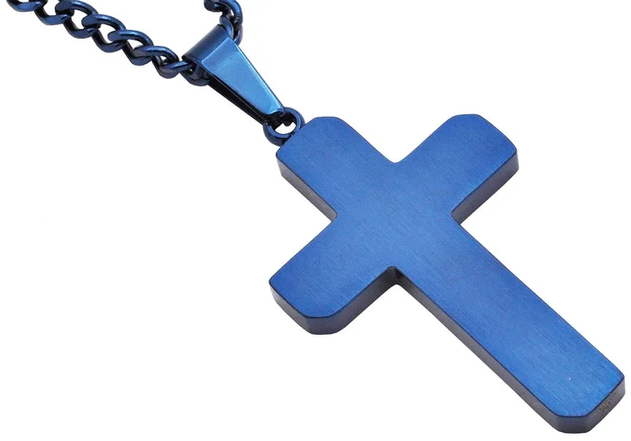 Men’s Polished and Brushed Finished Blue Stainless Steel Cross Pendant With 24″ Blue Curb Chain