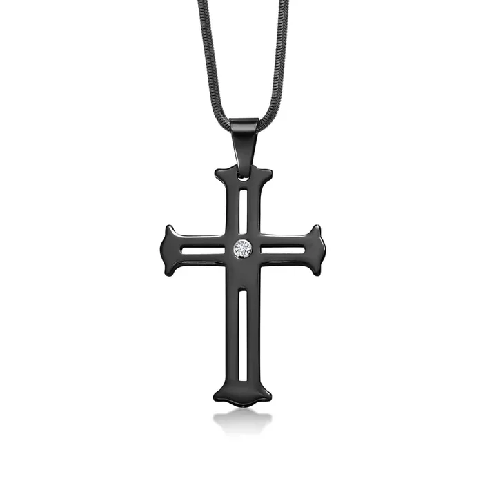 Men’s Scratch-Proof Tungsten Carbide Religious Cross Pendant Necklace with Lab Grown Diamonds and Black IP Plating on Stainless Steel Chain – G-H Color, VS2-SI1 Clarity