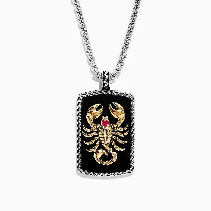Men’s Silver & 14K Gold Plating Onyx & Ruby Scorpion Pendant, 16.50 TW