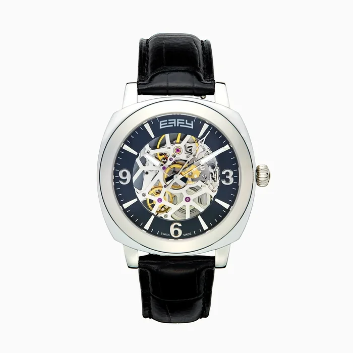 Men’s Skeleton 41mm Sapphire Crystal Stainless Steel and Black Leather Watch