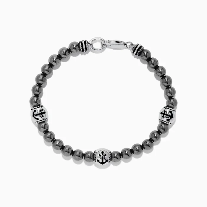 Men’s Sterling Silver Beaded Hematite Anchor Bracelet, 71.43 TCW