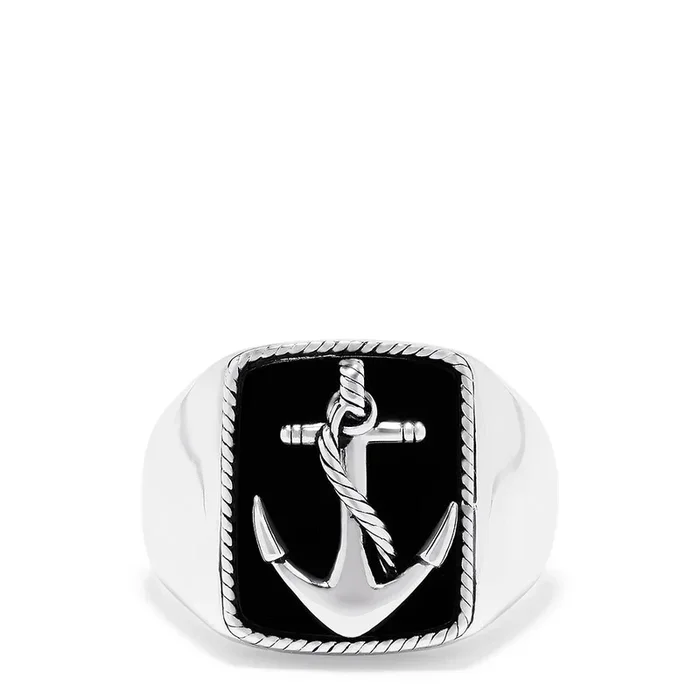 Men’s Sterling Silver Onyx Anchor Ring, 6.00 TCW