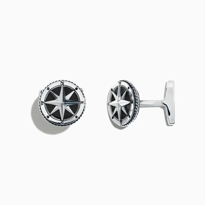 Men’s Sterling Silver Onyx Compass Cufflinks, 6.00 TCW