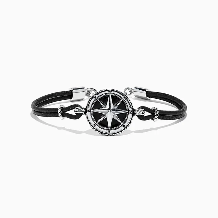 Men’s Sterling Silver Onyx Compass Leather Bracelet, 4.00 TCW