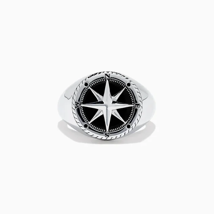 Men’s Sterling Silver Onyx Compass Ring, 2.61 TCW