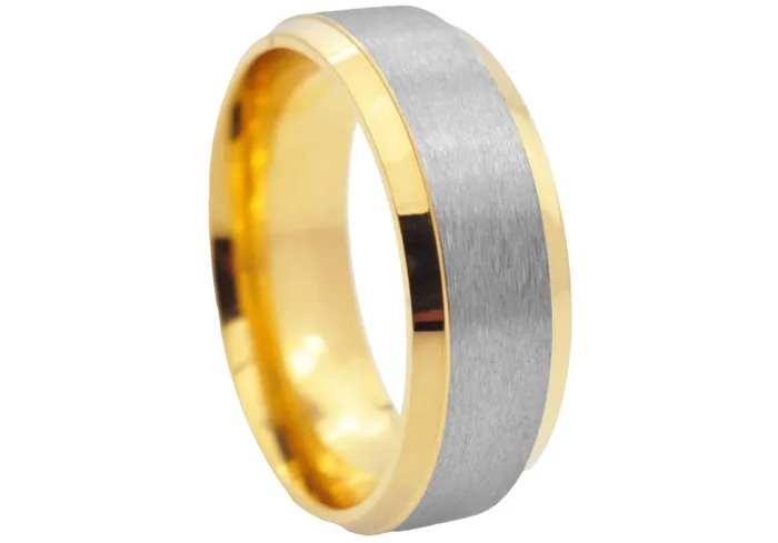 Men’s Two Tone Gold Stainless Steel Brushed & Polished 8mm Band Ring