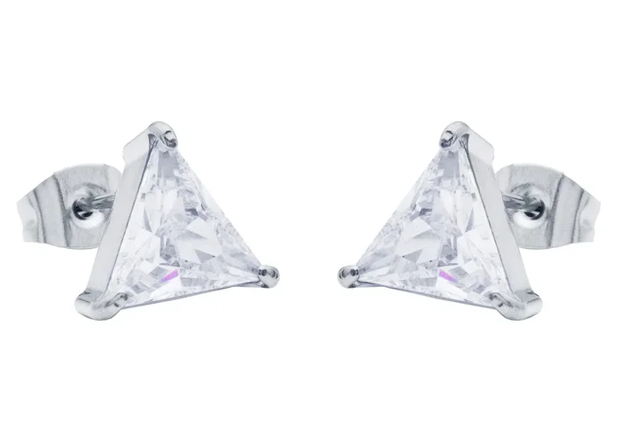 Mens 10mm Cubic Zirconia Stainless Steel Triangle Stud Earrings