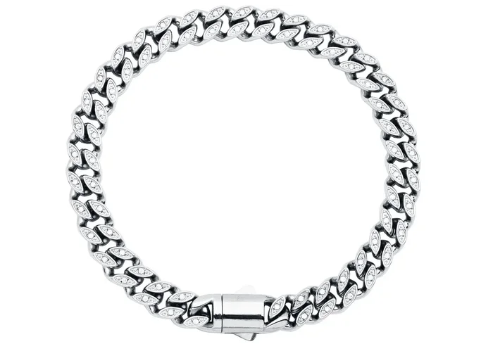 Mens 8mm Stainless Steel Curb Link Bracelet with Box Clasp and Cubic Zirconia
