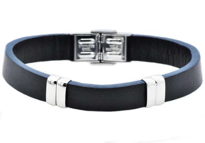 Mens Black And Blue Leather Stainless Steel Bracelet