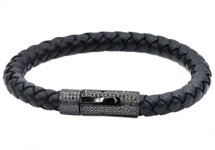 Mens Black Leather And Black Stainless Steel Bracelet With Black Cubic Zirconia