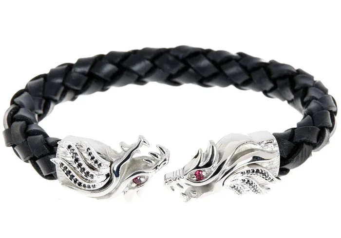 Mens Black Leather Stainless Steel Dragon Bracelet With Red And Black Cubic Zirconia