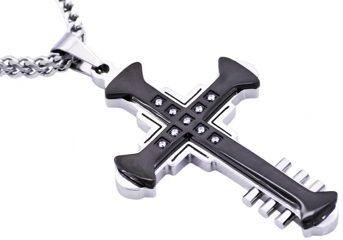 Mens Black Plated Stainless Steel Cross Pendant With Cubic Zirconia