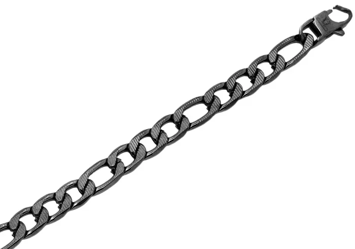 Mens Black Plated Textured Stainless Steel Figaro Link Chain Bracelet
